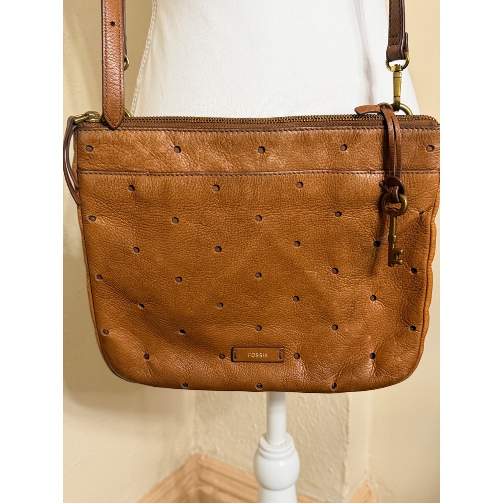 Fossil Brown Leather Perforated Crossbody Bag Cognac Zip Top Messenger Purse